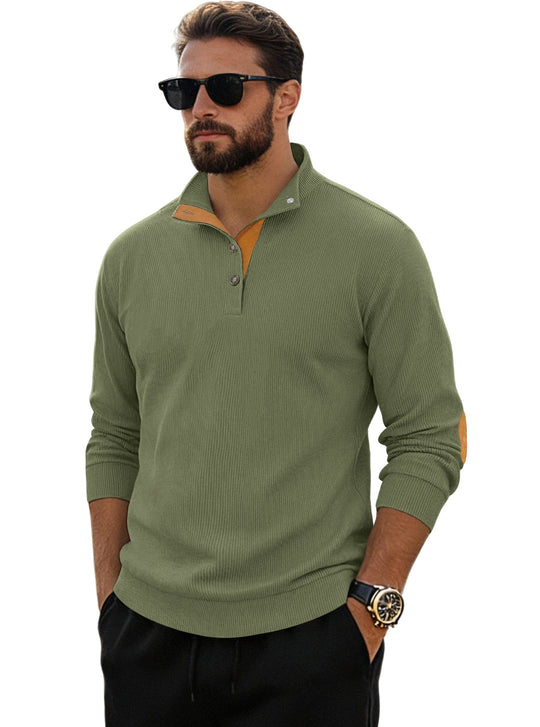Herren nan fein gerippter Strickpullover mit Polokragen Knopfleiste und Ellenbogenbesatz EB