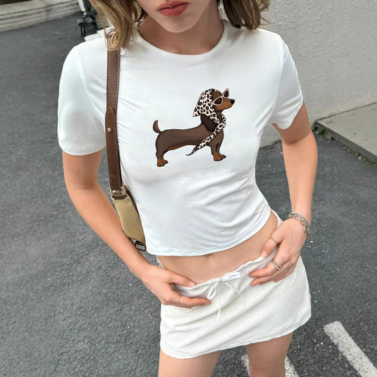 Damen Kurzarm T-Shirt mit künstlerischem Hundemotiv EB