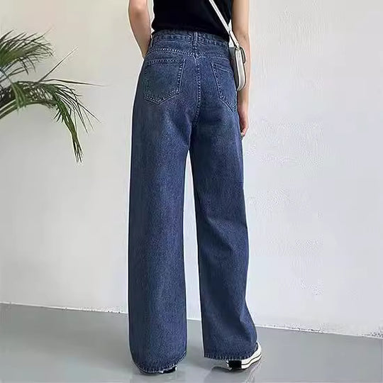 Damen nan hochgeschnittene weite Denim-Hose mit geradem Schlag und klassischem Five-Pocket-Design EB