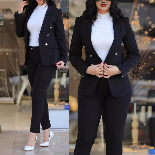 Damen nan tailliertes Business-Hosenanzug-Set mit doppelreihigem Reversblazer und schmal zulaufender Bundhose EB
