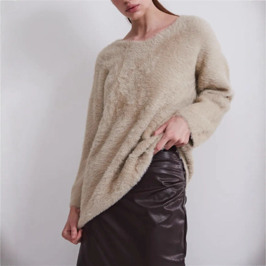 Damen Oversize-Flauschpullover mit V-Ausschnitt und Teddy-Optik EB