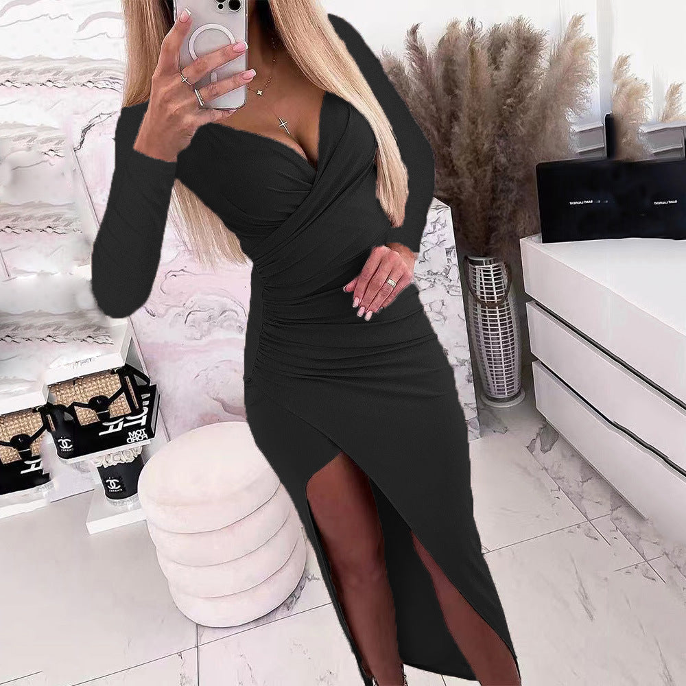 Damen elegantes Wickelkleid mit langen Ärmeln und Seitenschlitz EB