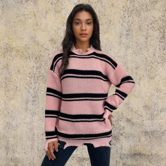 EB | Pullover Pullover Übergröße Fit Gestrickte Wolle Kontraststreifen Fransen Saum