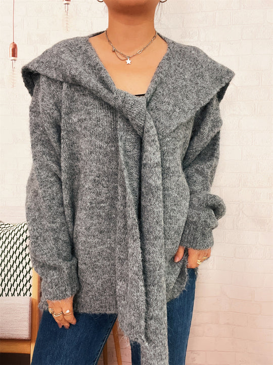 Damen lässiger Strickpullover mit abnehmbarer Kapuze und Knopfdetails EB