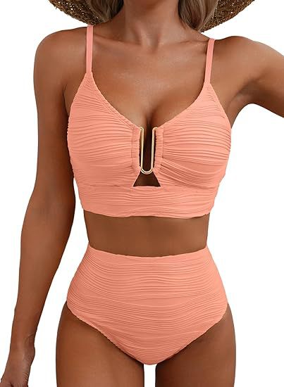 Damen hochgeschnittener Bikini mit gerafftem Oberteil EB