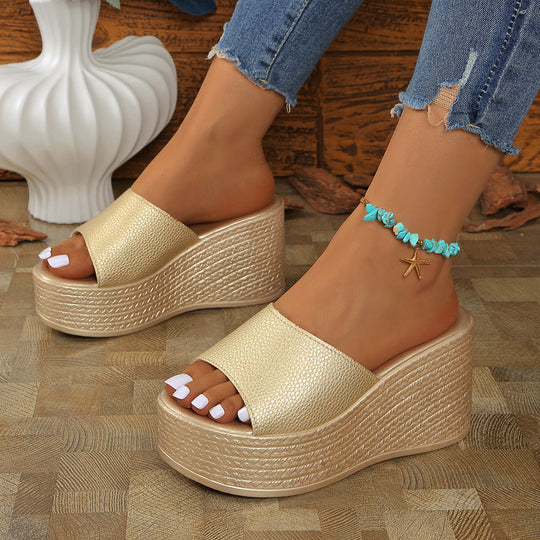 Damen modische Wedge Slides mit breitem Riemen und texturiertem Obermaterial EB