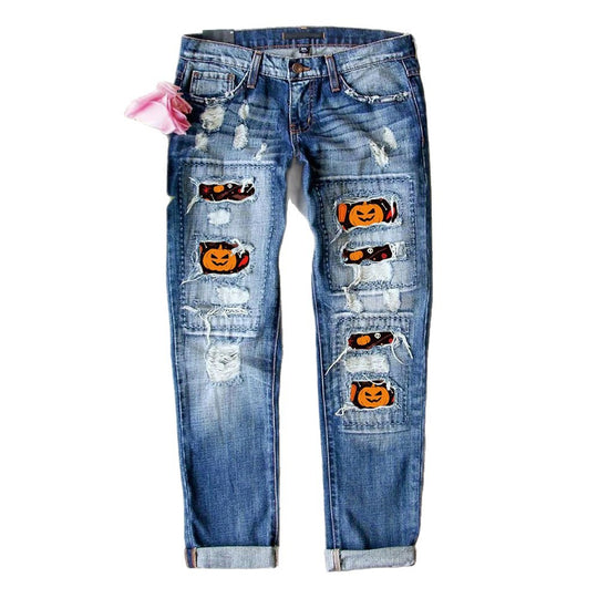 Damen Destroyed Jeans mit einzigartigen Halloween-Designs EB