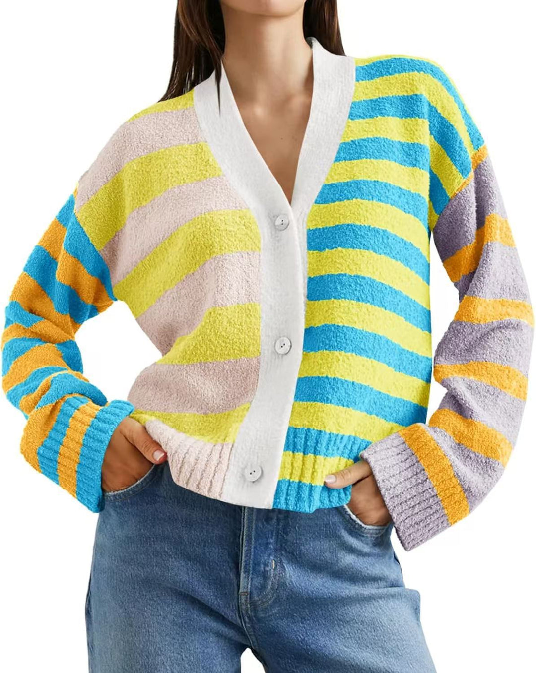 Damen lockerer gestreifter Frottee-Cardigan mit V-Ausschnitt und Knopfleiste EB