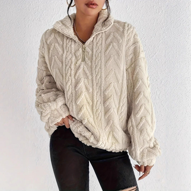 Damen kuscheliger Fleece-Pullover mit hochgeschlossenem Kragen und Reißverschluss EB