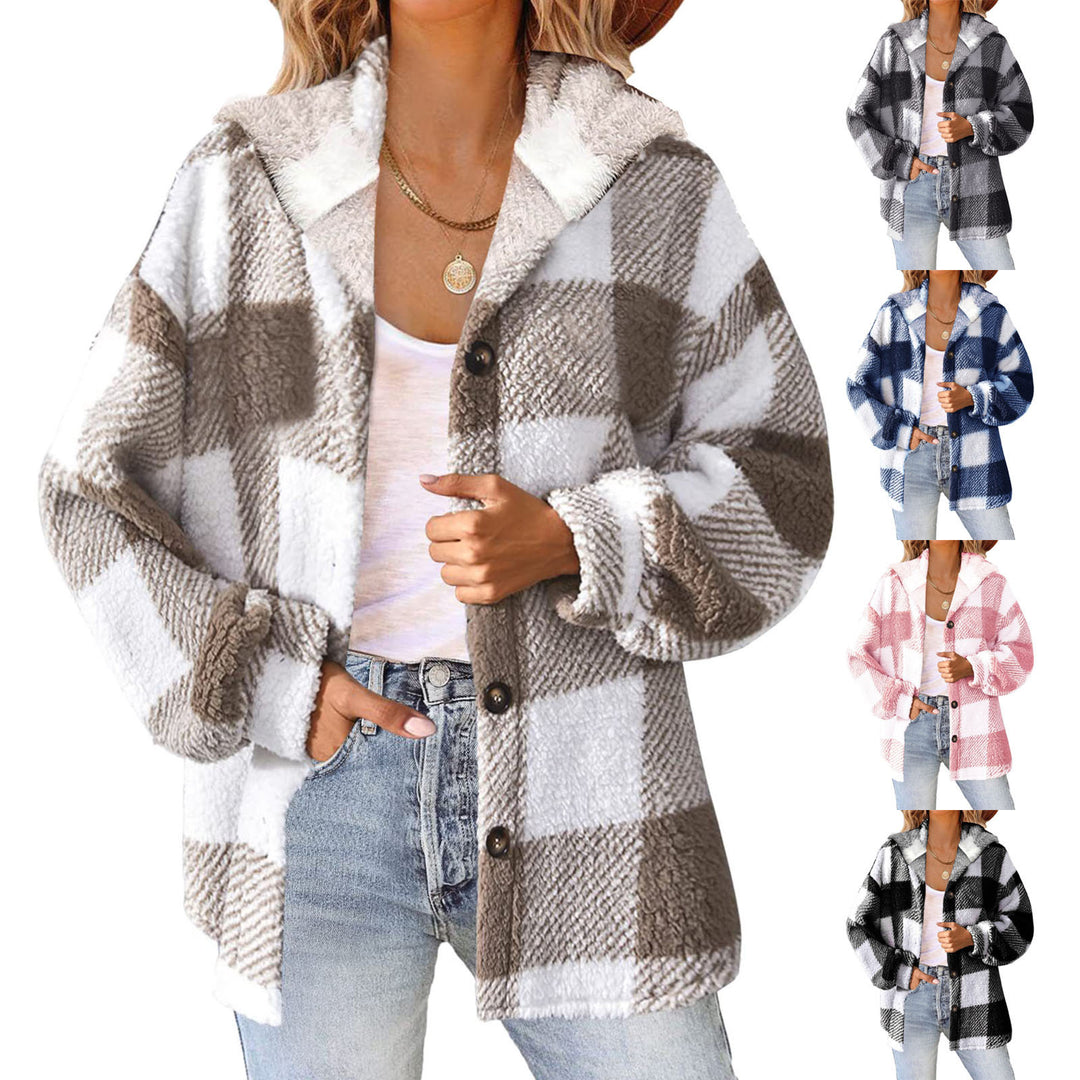Damen nan kuschelige karierte Teddyjacke mit Kapuze, Knopfverschluss und oversized Schnitt EB