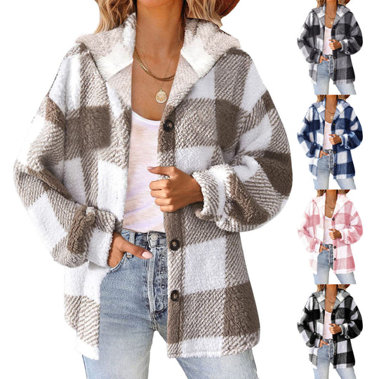 Damen nan kuschelige karierte Teddyjacke mit Kapuze, Knopfverschluss und oversized Schnitt EB