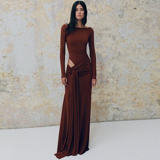 Damen Elegantes langärmliges Maxikleid mit raffinierten Drapierungen EB