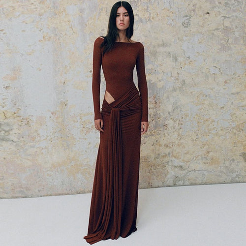Damen Elegantes langärmliges Maxikleid mit raffinierten Drapierungen EB