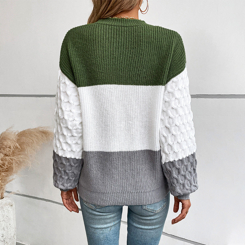 Damen modischer Pullover mit strukturierten Ärmeln und Blockstreifen EB