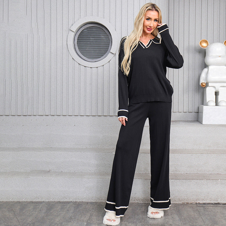 Damen modisches Strick-Loungewear-Set mit schickem Kragen und breiten Beinen EB