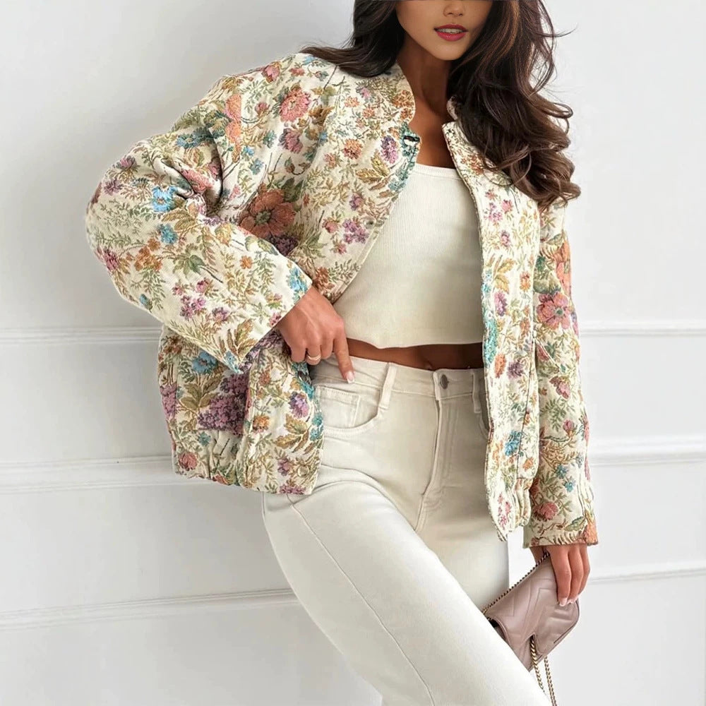 Damen Florale Jacquard-Steppjacke mit Stehkragen und elastischem Saum EB