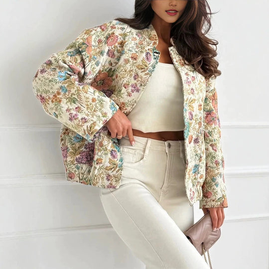 Damen Florale Jacquard-Steppjacke mit Stehkragen und elastischem Saum EB