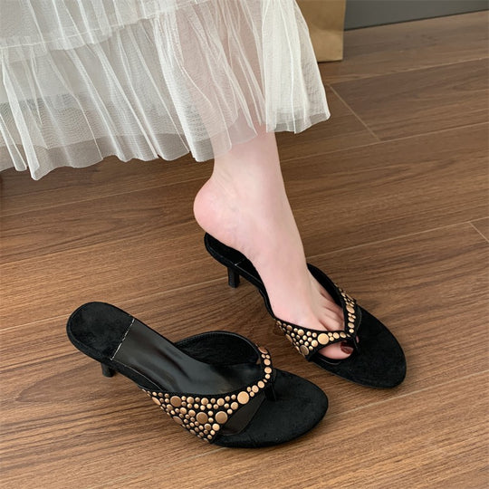 Damen Offene Mules mit dekorativen Perlenapplikationen und elegantem Absatz EB
