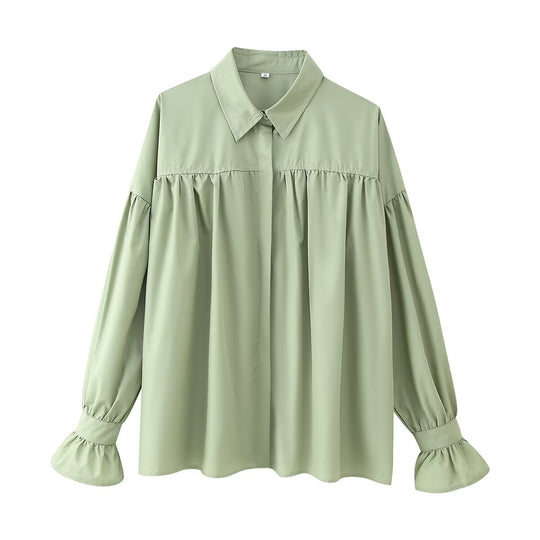 Damen nan oversized Tunika-Bluse mit verdeckter Knopfleiste, geraffter Passe und Volantmanschette EB