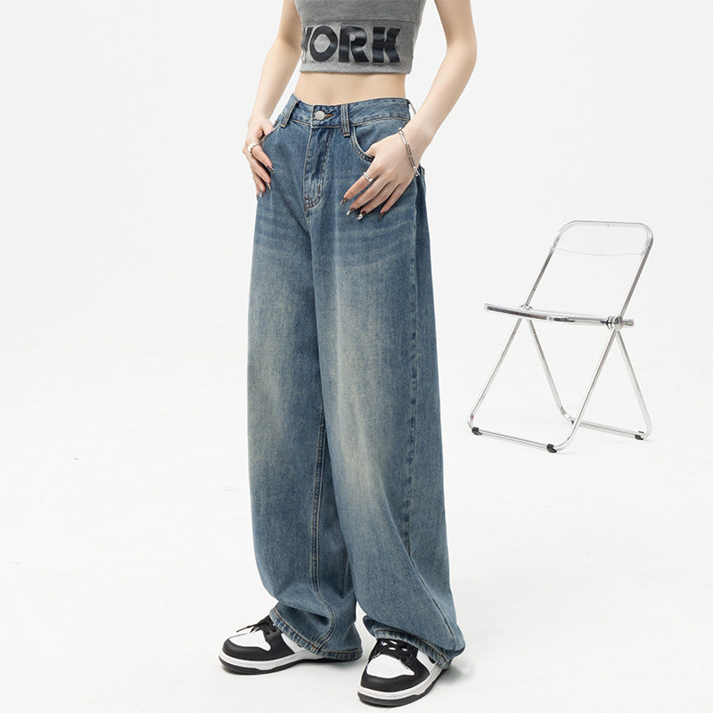 Damen Weite High-Waist Jeans mit lässigem Schnitt und ausgefranstem Saum EB