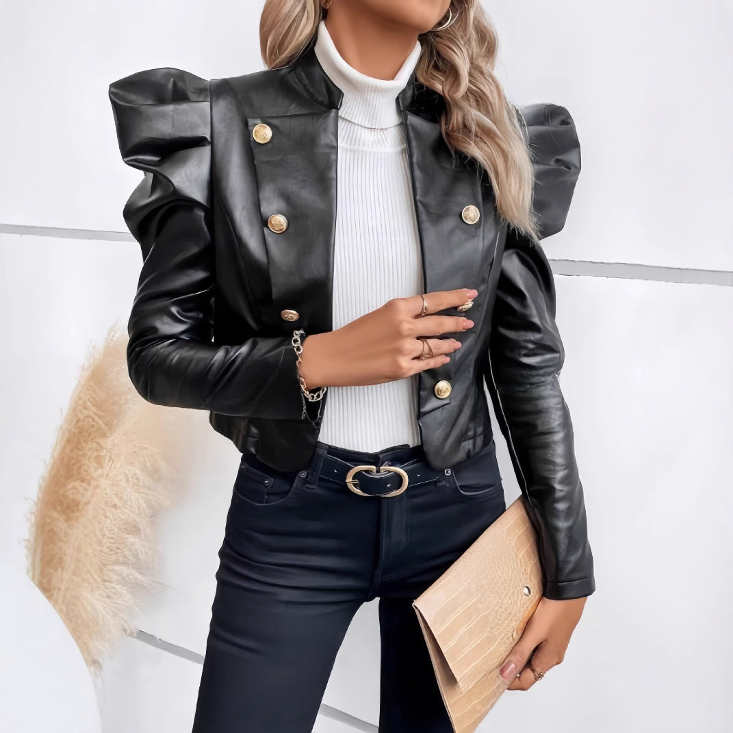 Damen Modische Kunstlederjacke mit puffärmeligen Details und goldenen Knöpfen EB