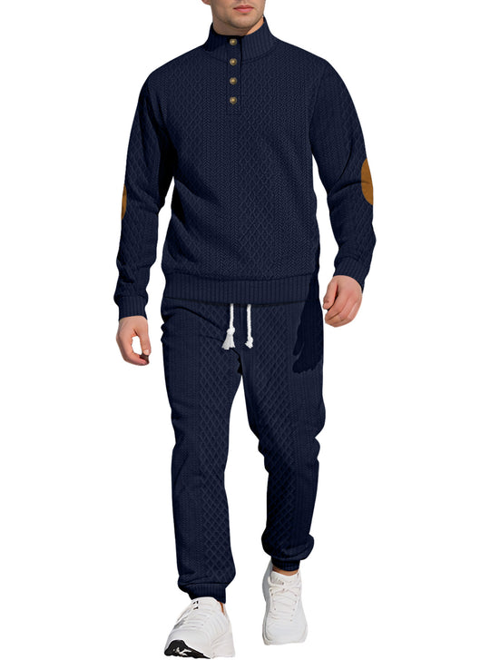 Herren nan strukturiertes Strick-Freizeitset mit Halbknopf-Stehkragen Wildleder-Ellbogenpatches und Kordelbund-Jogger EB