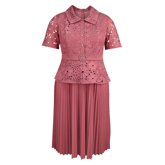 Damen elegantes Spitzenkleid mit Plissee-Rock EB