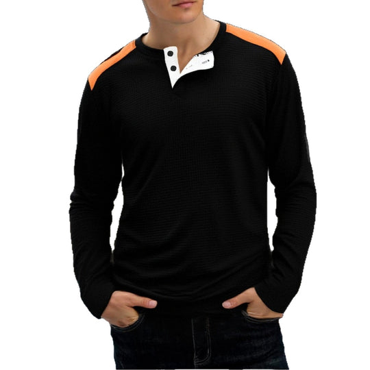 Herren nan strukturiertes Henley-Langarmshirt mit Stehkragen, Schulterpaspel und Waffelstruktur EB
