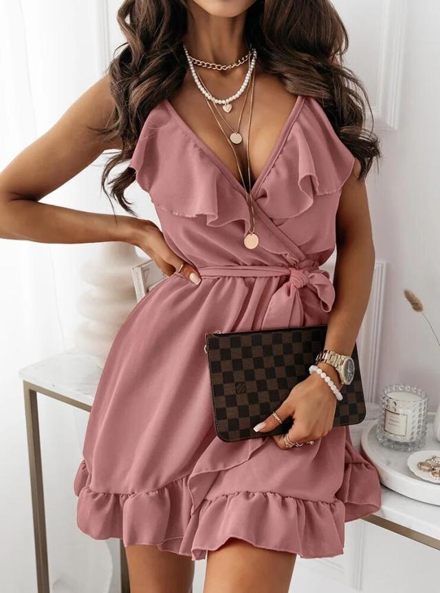 Damen Wickelkleid mit Rüschendetails und tiefem V-Ausschnitt EB