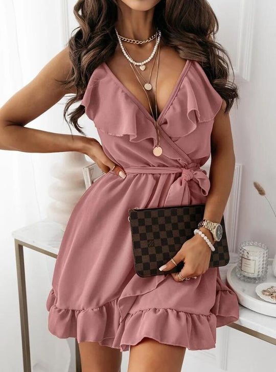 Damen Wickelkleid mit Rüschendetails und tiefem V-Ausschnitt EB