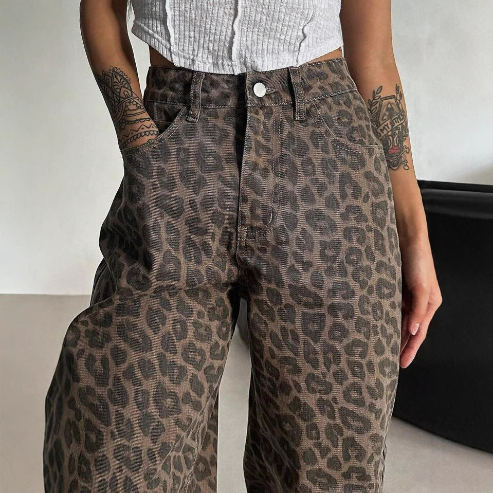 Damen Weit geschnittene Leoparden-Jeans im lässigen Stil EB