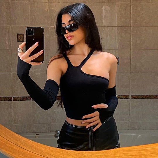 Damen Asymmetrisches Crop-Top mit langen Ärmeln EB