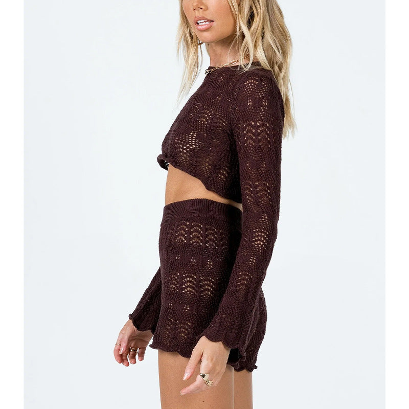 Damen elegantes Strick-Crop-Top und Shorts Set EB