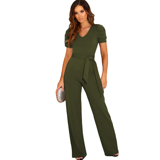 Damen Eleganter Jumpsuit mit Taillengürtel und Puffärmel EB