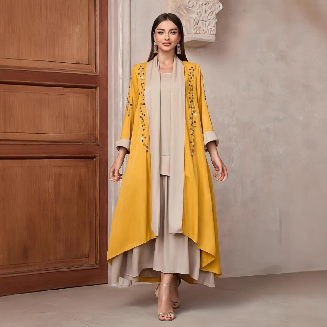 Damen Langarm-Kimono mit dekorativen Applikationen und asymmetrischem Saum EB