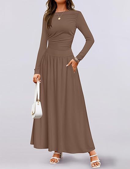 Damen Langärmliges Maxikleid mit eleganten Rüschendetails und praktischen Taschen EB
