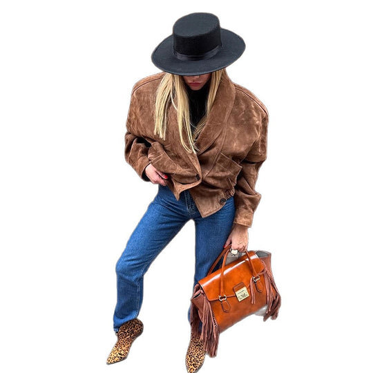 Damen Oversize Wildlederjacke mit modernem Schnitt und praktischen Taschen EB
