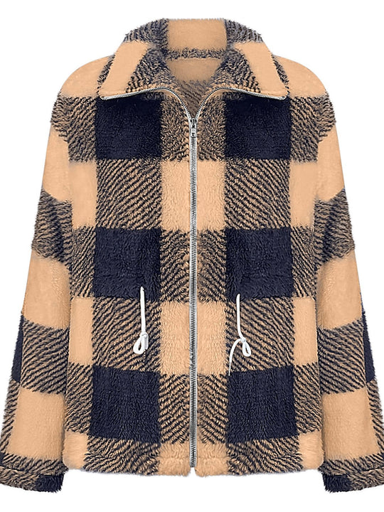 Damen Fleecejacke mit modischem Karomuster und praktischen Taschen EB