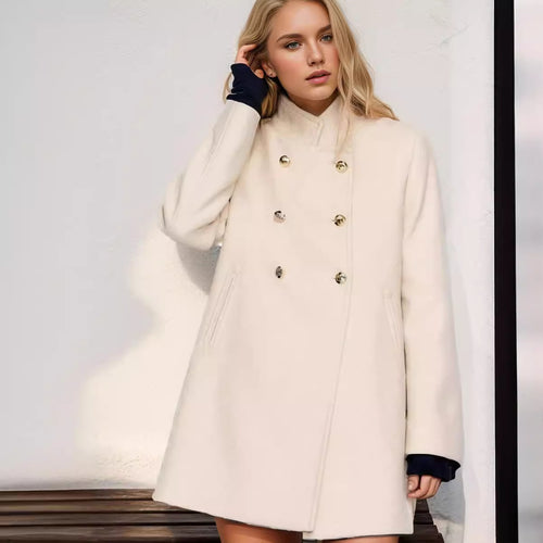 Damen modischer kurzer Mantel mit doppelter Knopfreihe und eleganter Stehkragen EB