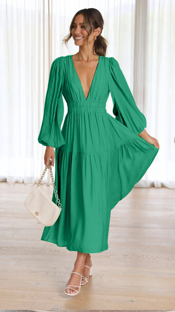 Damen Langarm Maxikleid mit tiefem V-Ausschnitt und weitem Rock EB