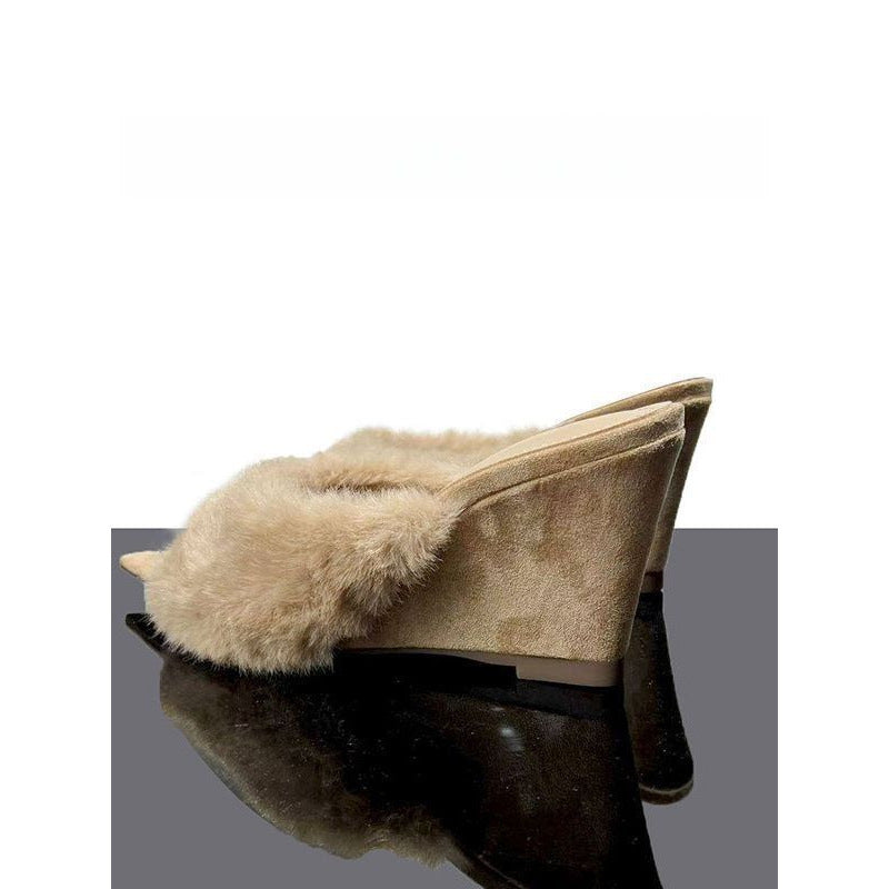 Damen elegante offene Mules mit flauschigem Besatz EB