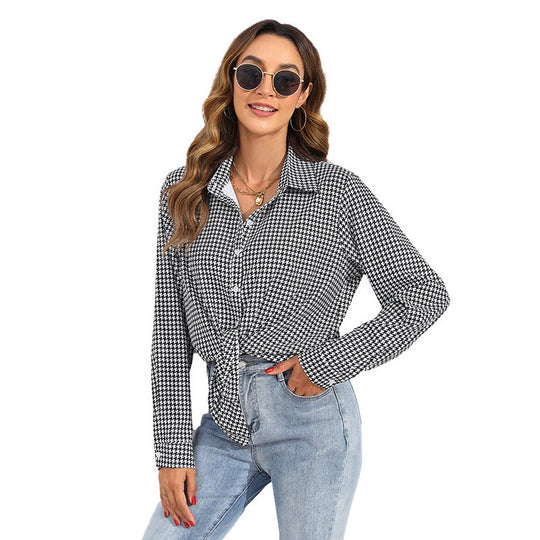 Damen nan geknotete Hahnentritt-Bluse mit Hemdkragen und durchgehender Knopfleiste EB