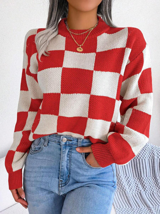 Damen modischer Pullover mit Karomuster und weitem Schnitt EB