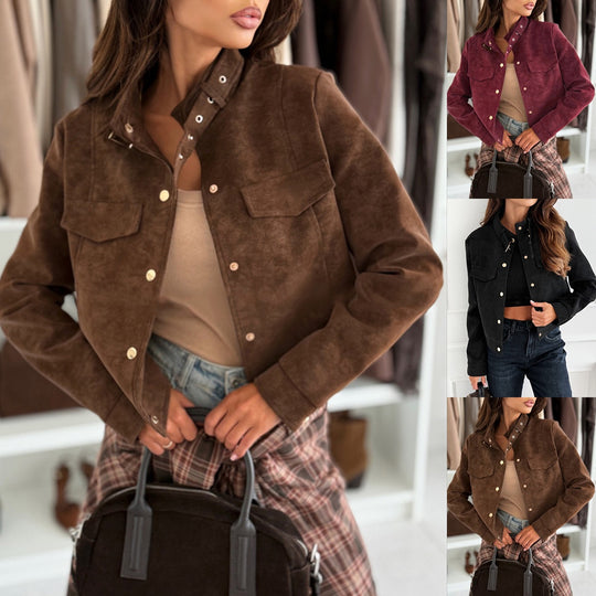 Damen elegante Jacke aus weichem Wildleder mit Knopfdetails EB