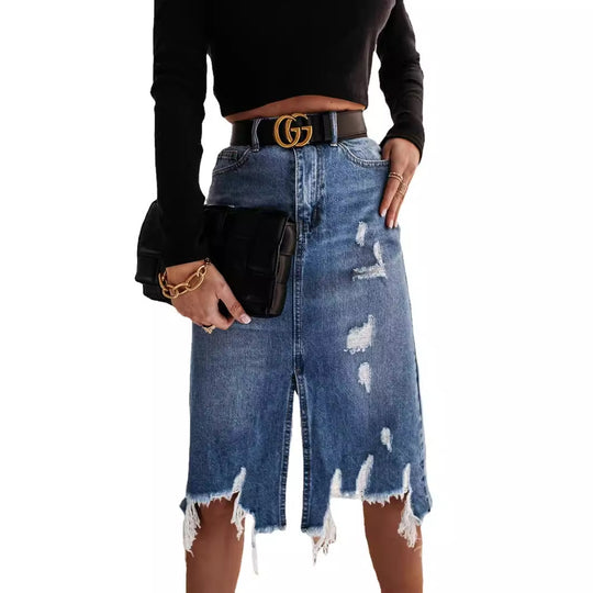 Damen Midirock im modernen Vintage-Design mit lässigem Used-Look und Fransenabschluss EB