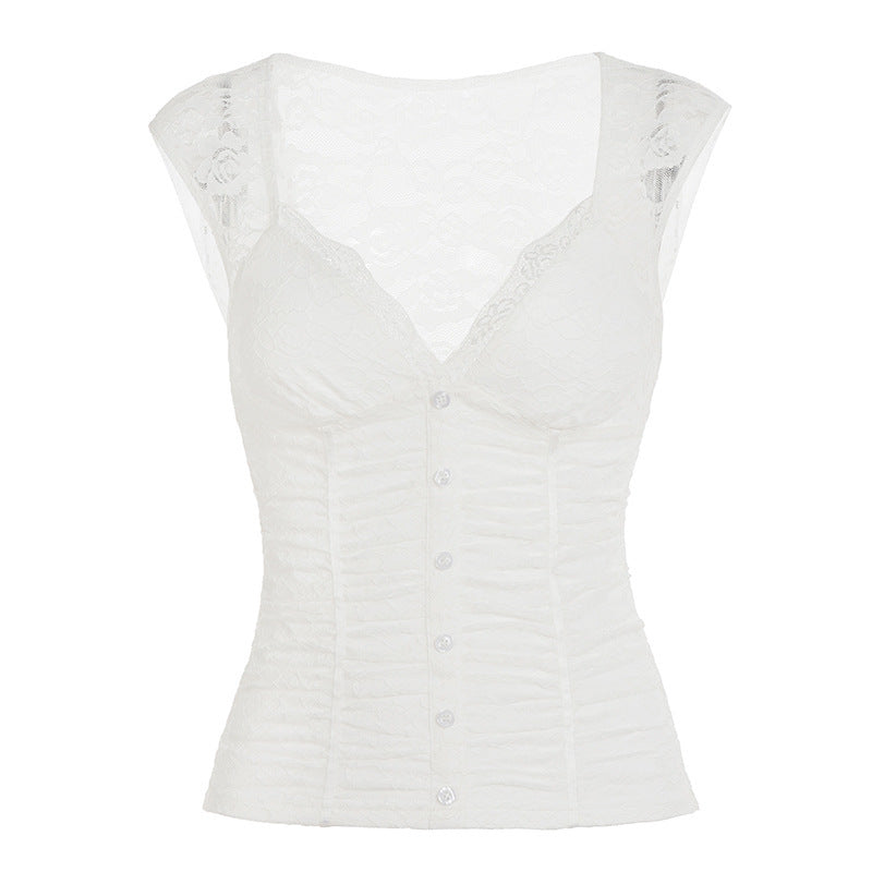 Damen Spitzen-Cropped-Top mit elegantem V-Ausschnitt und Rüschendetails EB