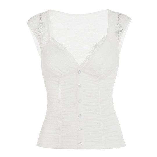 Damen Spitzen-Cropped-Top mit elegantem V-Ausschnitt und Rüschendetails EB