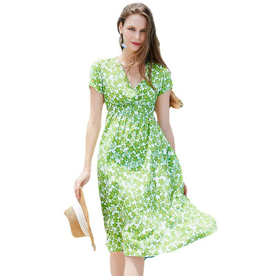 Damen Freizeit-Maxikleid mit V-Ausschnitt und elastischem Taillenband EB