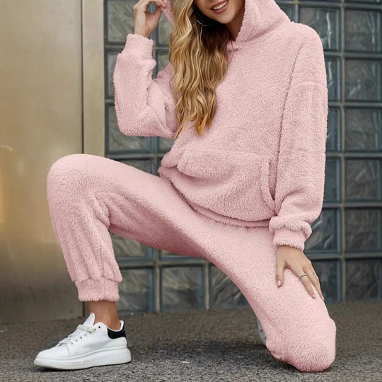 Damen Fleece-Loungewear-Set mit Kapuze und Taschen EB