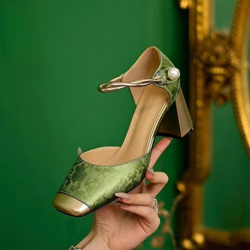 Damen nan elegante Slingback-Pumps mit quadratischer Zehenform, Jacquard-Obermaterial und gedrehtem Schmuckriemen EB